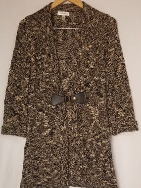 dressbarn Marled Brown & Cream Open-Front Sweater Cardigan with Bow Clasp Size M